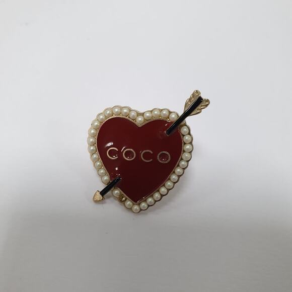 Chanel 'COCO' Heart Lapel Gold Pearl & Enamel Pin - Picture 1 of 5